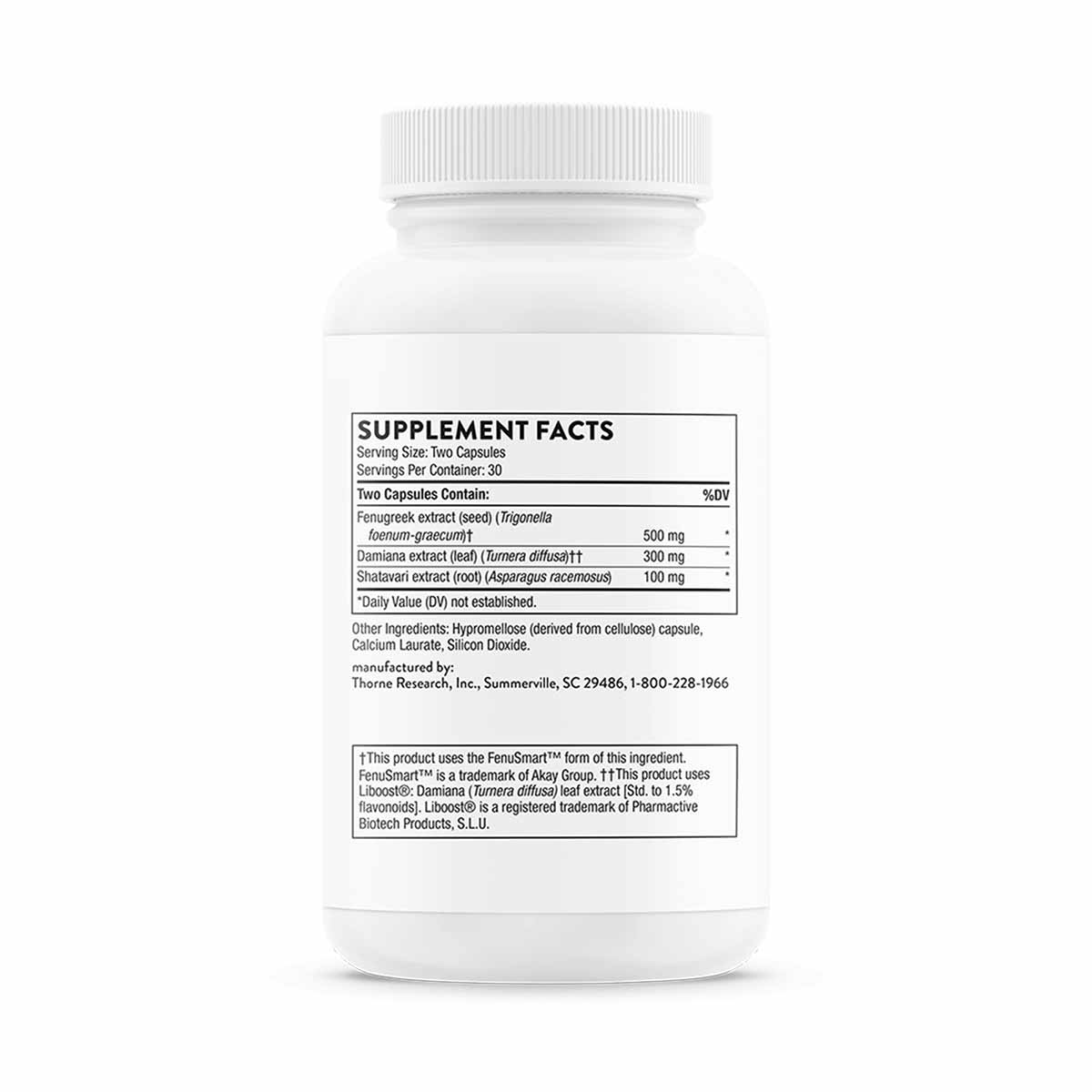 White supplement bottle with white cap displaying Supplement Facts label listing fenugreek, damiana, and shatavari extracts.