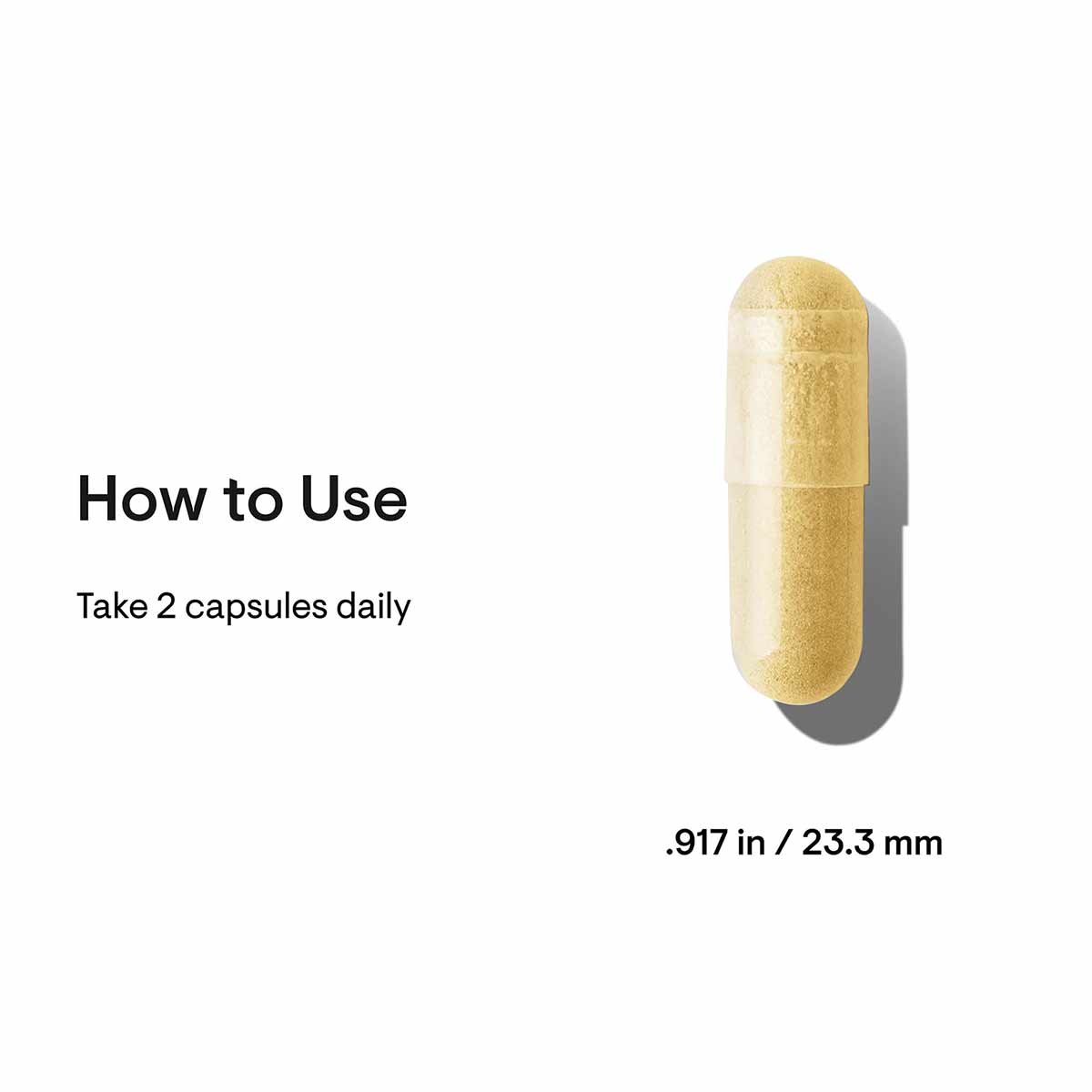Two pale yellow capsules displayed with usage instructions stating "Take 2 capsules daily," measuring 0.917 inches.