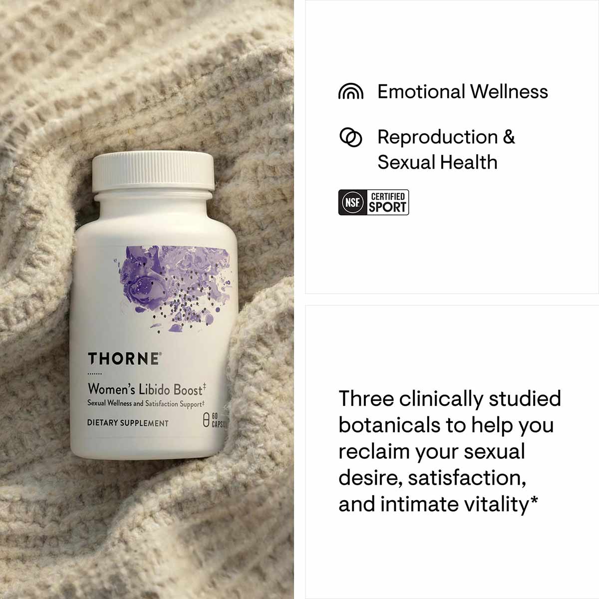 Thorne Women's Libido Boost dietary supplement bottle with white cap and purple botanical graphic on beige knit background.