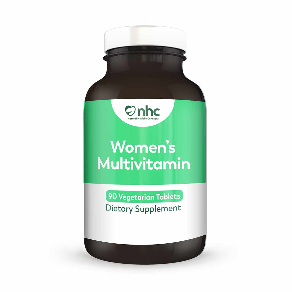 Dark glass bottle with green and white label reading "Women's Multivitamin" by NHC, containing 90 vegetarian tablets.