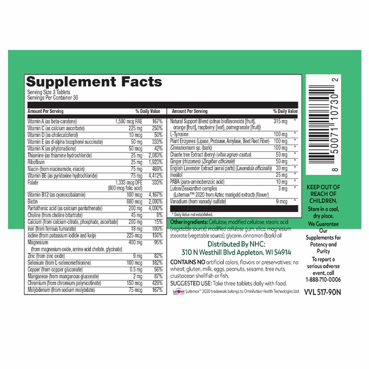 Green supplement label showing Supplement Facts table with vitamins, minerals, and herbal ingredients for women's multivitami