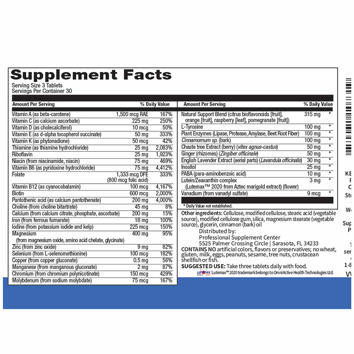 Supplement Facts label for a multivitamin tablet showing vitamins, minerals, and herbal ingredients with daily values and ser