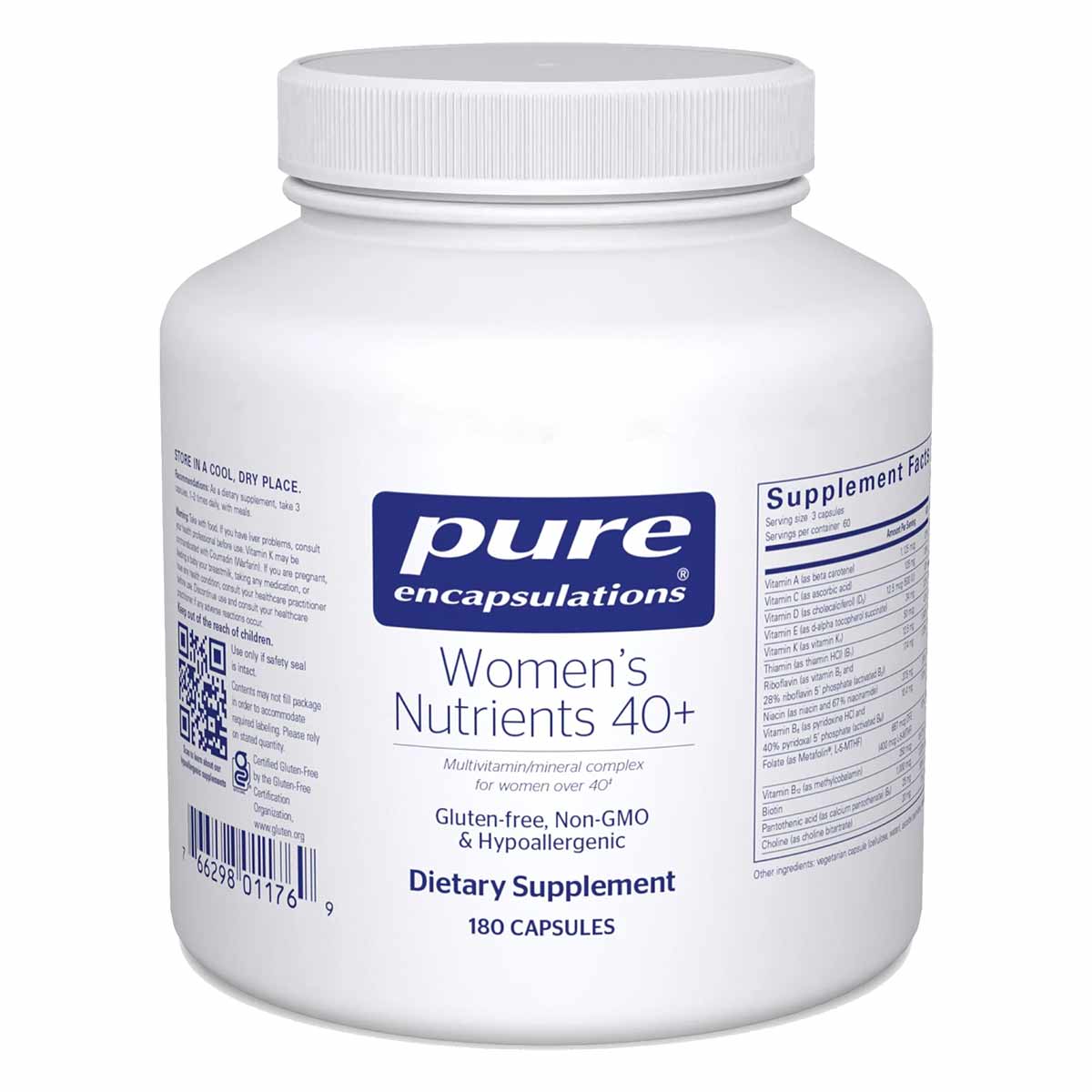 White bottle of Pure Encapsulations Women's Nutrients 40+ dietary supplement containing 180 capsules.