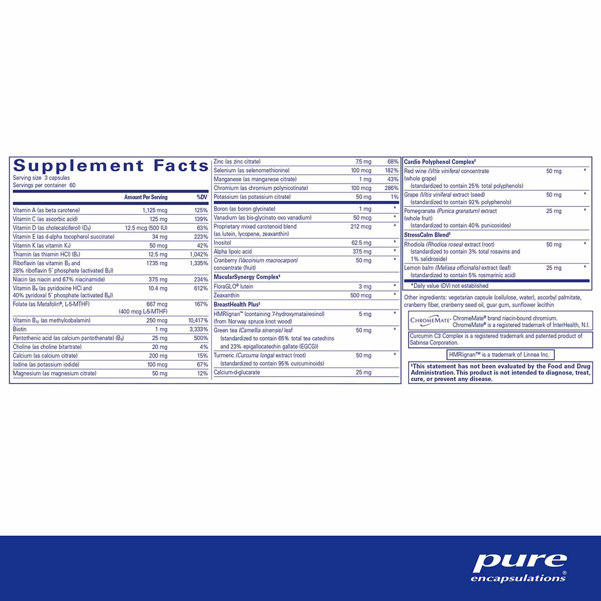 Supplement Facts label for Women's Nutrients 40+ listing vitamins, minerals, and botanical ingredients with serving size and 