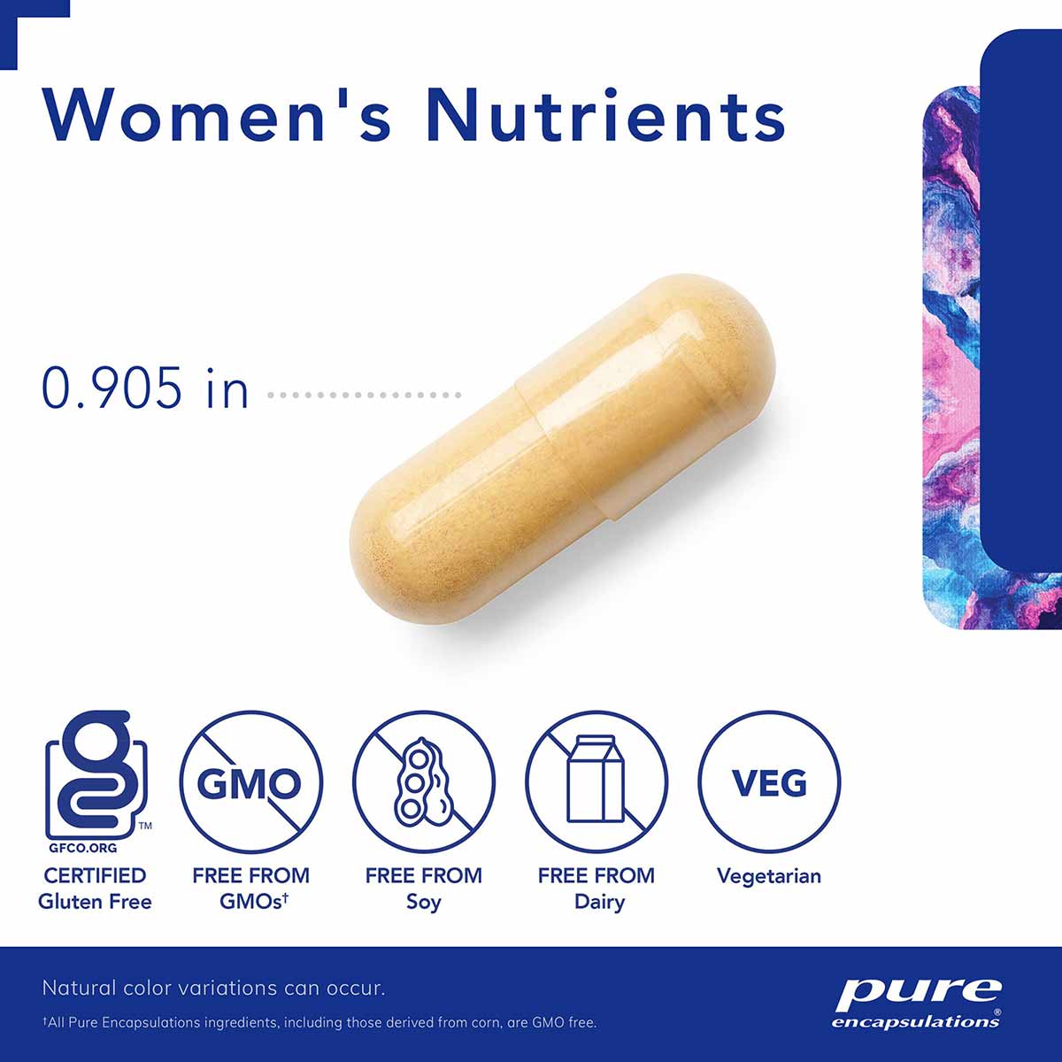 Tan capsule pill labeled Women's Nutrients with certification badges for gluten-free, GMO-free, soy-free, dairy-free, and veg