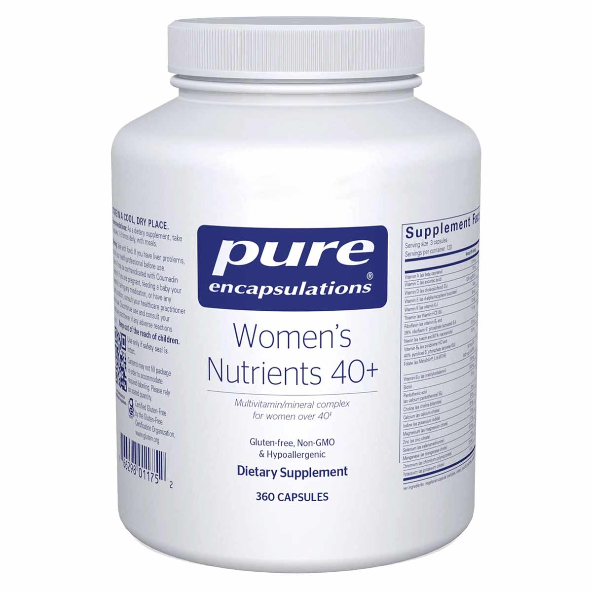 White plastic bottle of Pure Encapsulations Women's Nutrients 40+ dietary supplement with blue label, containing 360 capsules