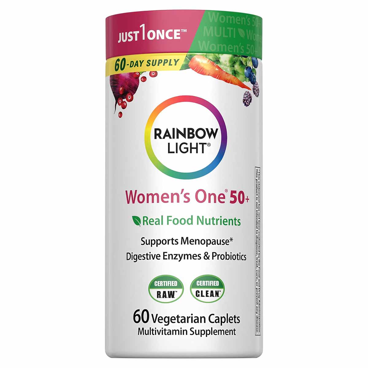 Rainbow Light Women's One 50+ multivitamin bottle with colorful gradient logo and fruit imagery, 60-day supply.