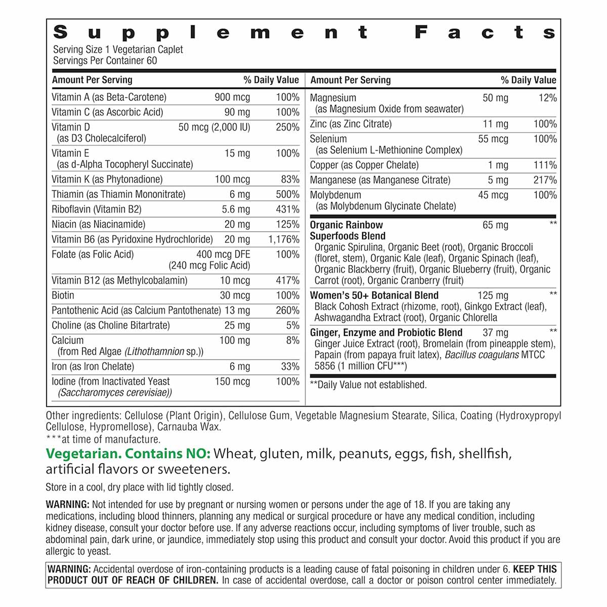 Supplement Facts label for Women's One 50+ Multivitamin showing vitamins, minerals, and botanical blend with serving informat