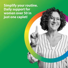 Woman wearing glasses and striped shirt pointing at camera against colorful gradient background.
