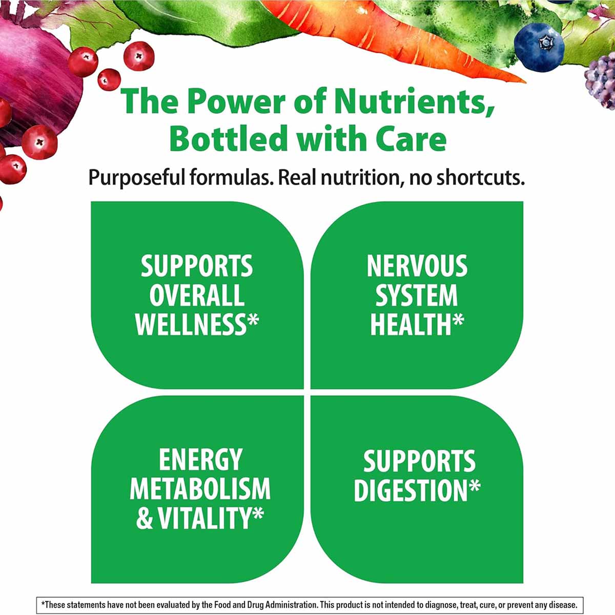 Rainbow Light Women's One 50+ Multivitamin packaging displaying product benefits with fresh vegetables and berries at top.