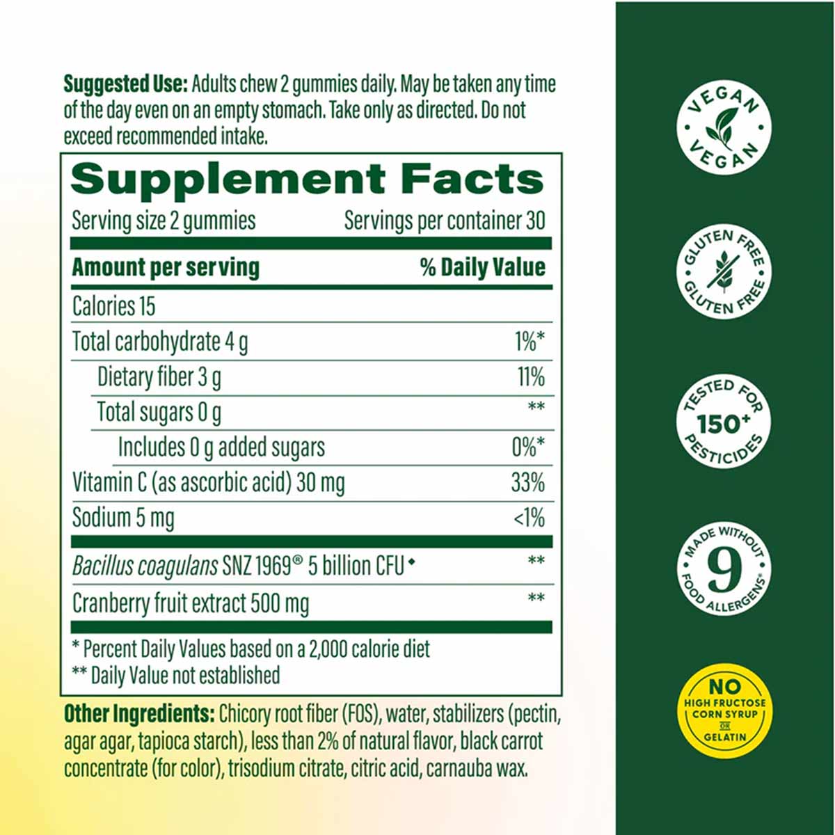 Supplement facts label for women's probiotic and prebiotic gummies showing serving size, nutritional information, and ingredi