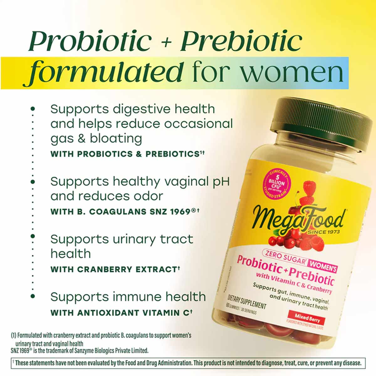 Bottle of Megafood Women's Probiotic + Prebiotic gummies with mixed berry flavor and green cap on yellow background.
