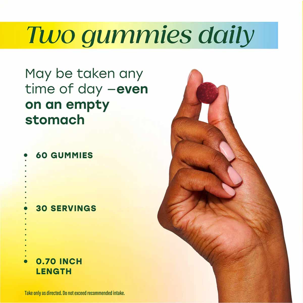 Hand holding round burgundy and pink gummies with product details on yellow and blue background.