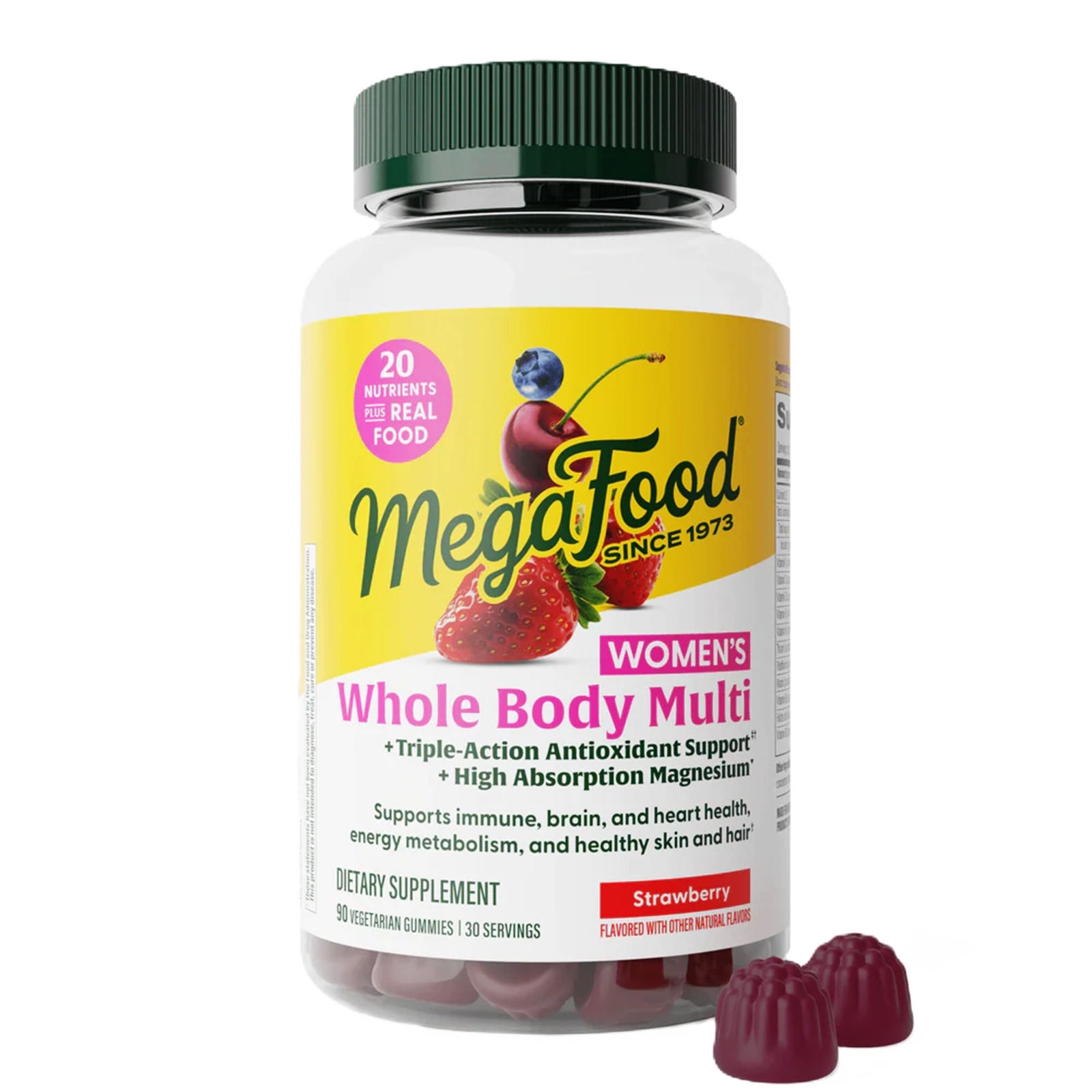 Megafood Women's Whole Body Multi bottle with dark green cap and yellow label, containing strawberry-flavored gummies.