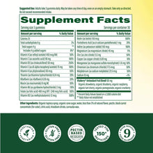 Megafood Womens Whole Body Multi supplement facts label showing vitamins, minerals, and ingredients with certification badges