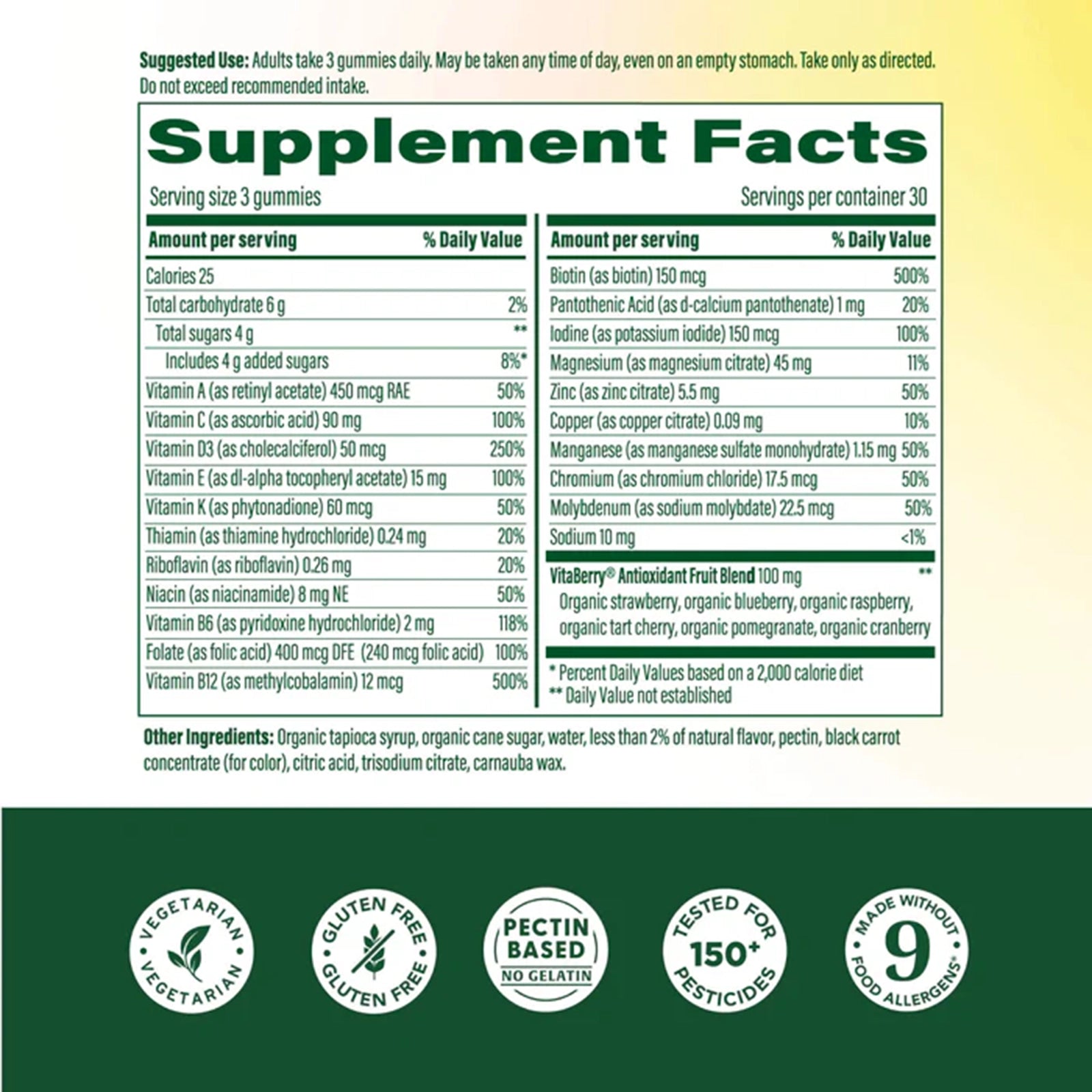 Megafood Womens Whole Body Multi supplement facts label showing vitamins, minerals, and ingredients with certification badges