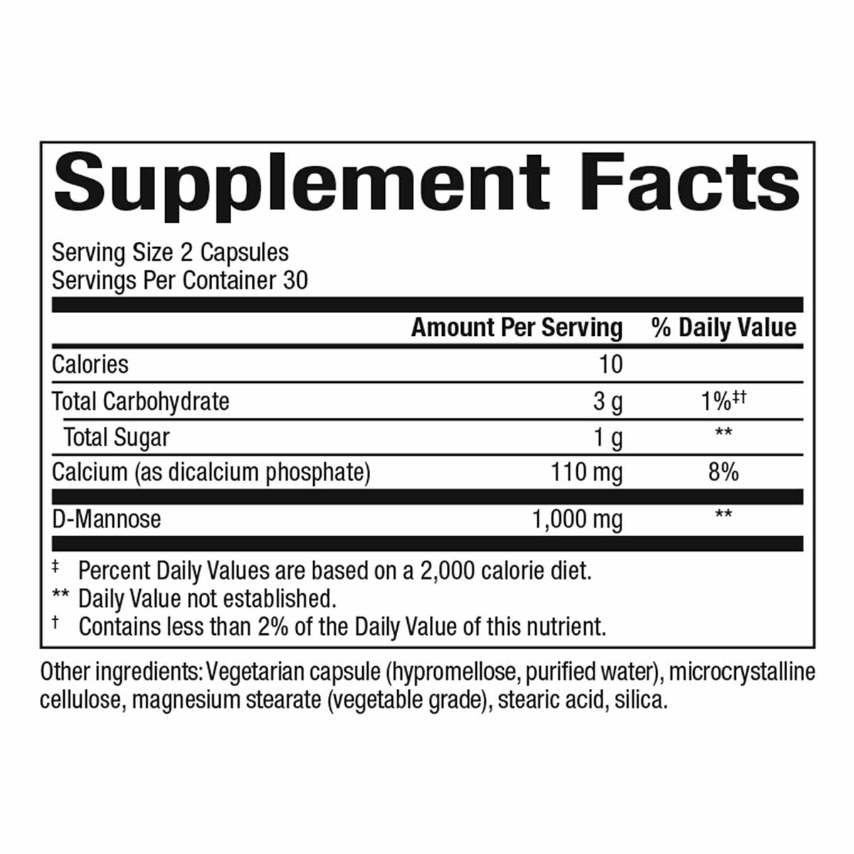 Supplement Facts label showing D-Mannose 1000 mg per serving with serving size of 2 capsules and 30 servings per container.