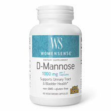 White bottle of WomenSense D-Mannose 1000 mg dietary supplement with teal label, containing 60 vegetarian capsules.