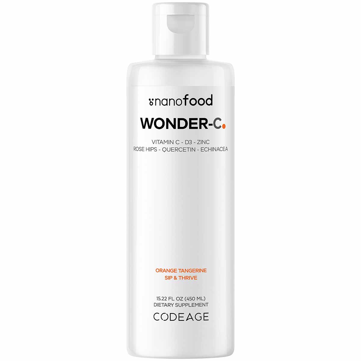 White liquid dietary supplement bottle labeled "nanofood WONDER-C" by Codeage, 15.22 fl oz, containing vitamin C, D3, zinc, a