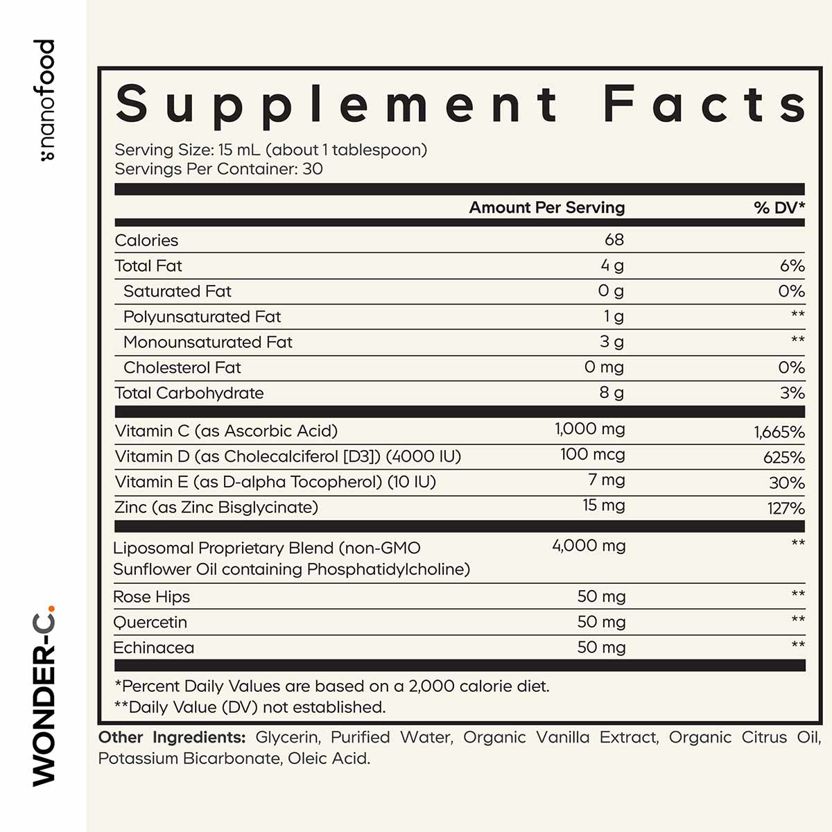 Supplement Facts label for Wonder-C liquid showing vitamins C, D, E, zinc, and herbal blend with serving size and nutritional