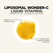 Liposomal Wonder-C liquid vitamins with orange-tangerine colored droplet containing vitamin C, D3, E, zinc, flavonoids and pl