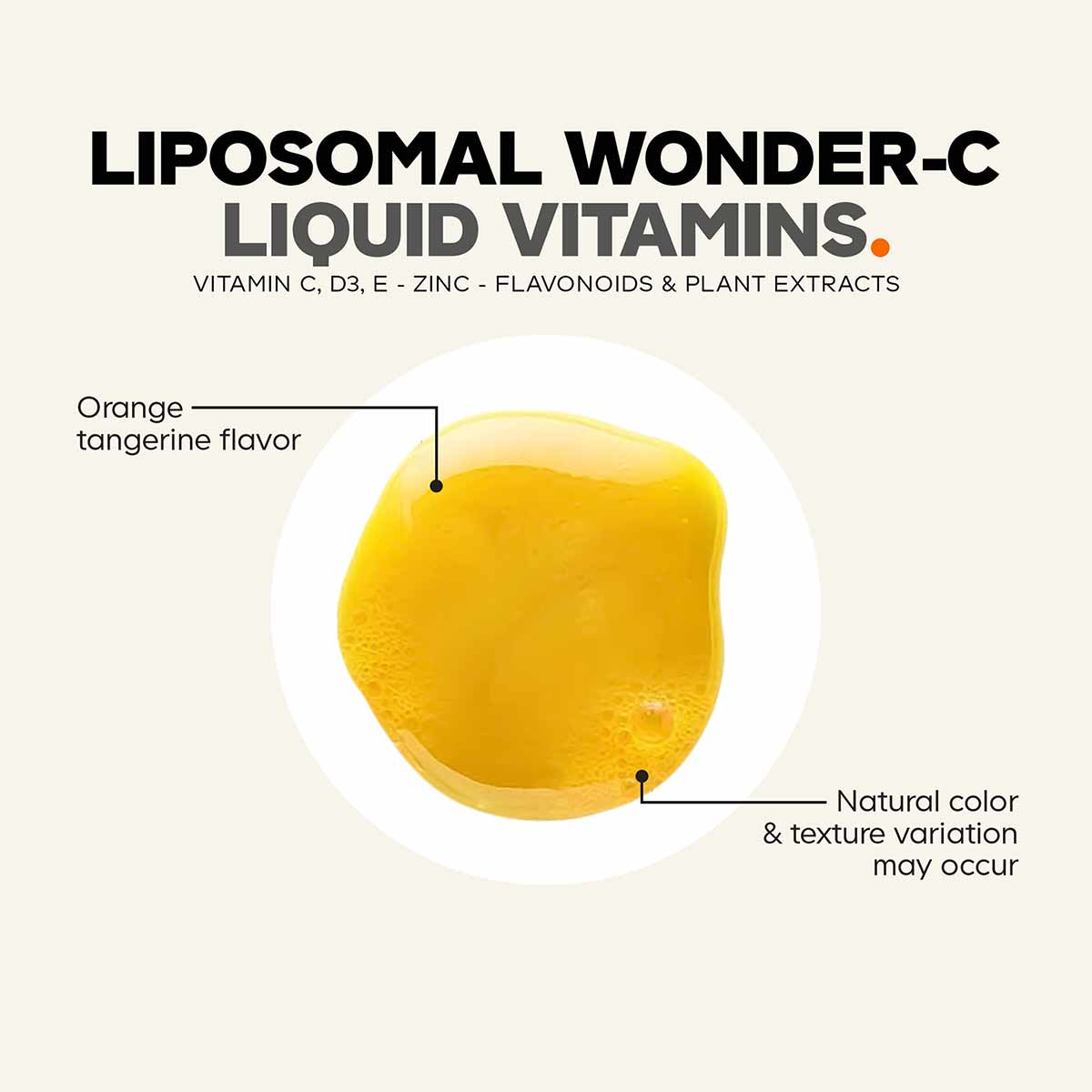 Liposomal Wonder-C liquid vitamins with orange-tangerine colored droplet containing vitamin C, D3, E, zinc, flavonoids and pl