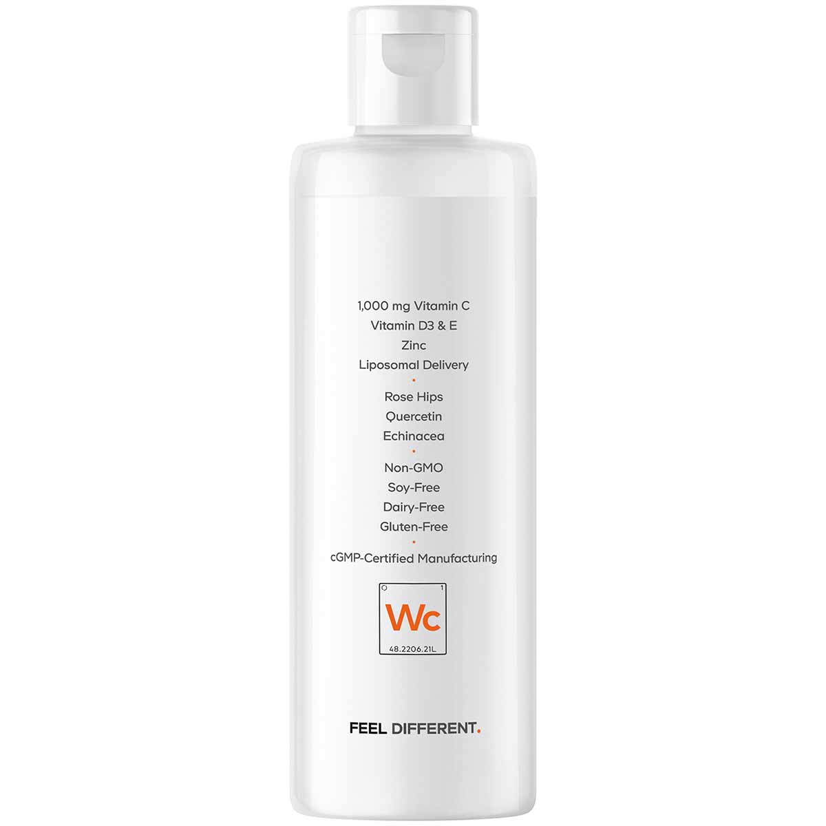 White bottle with pump dispenser containing 1,000 mg Vitamin C with Vitamin D3, E, Zinc, and botanical ingredients in liposom