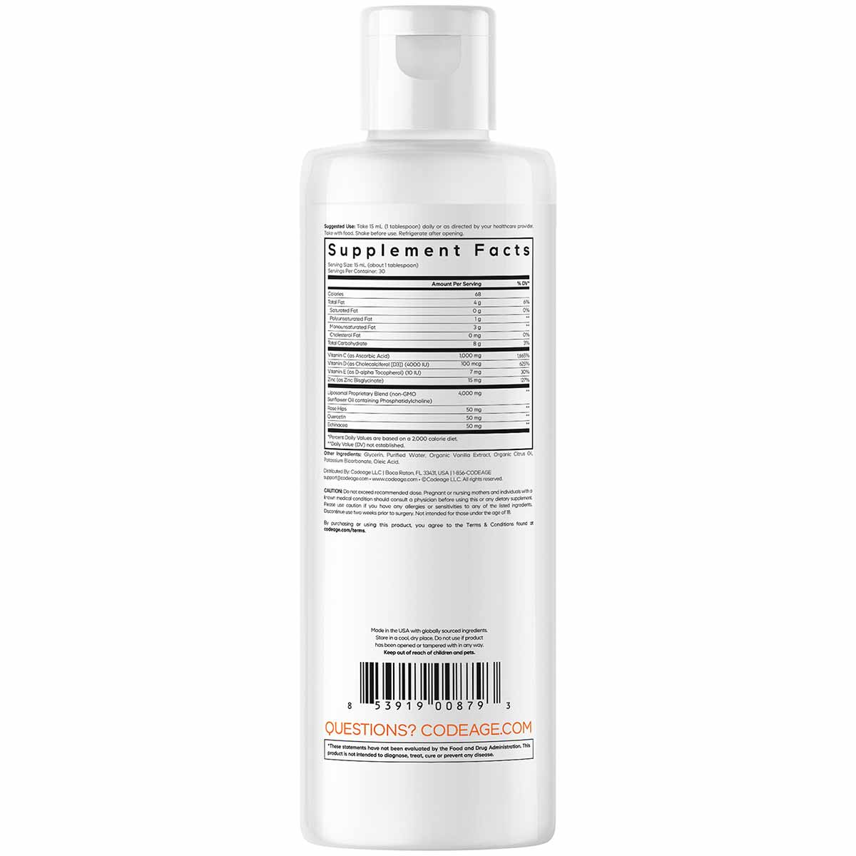 White plastic supplement bottle with pump dispenser, displaying Supplement Facts label and barcode on back.
