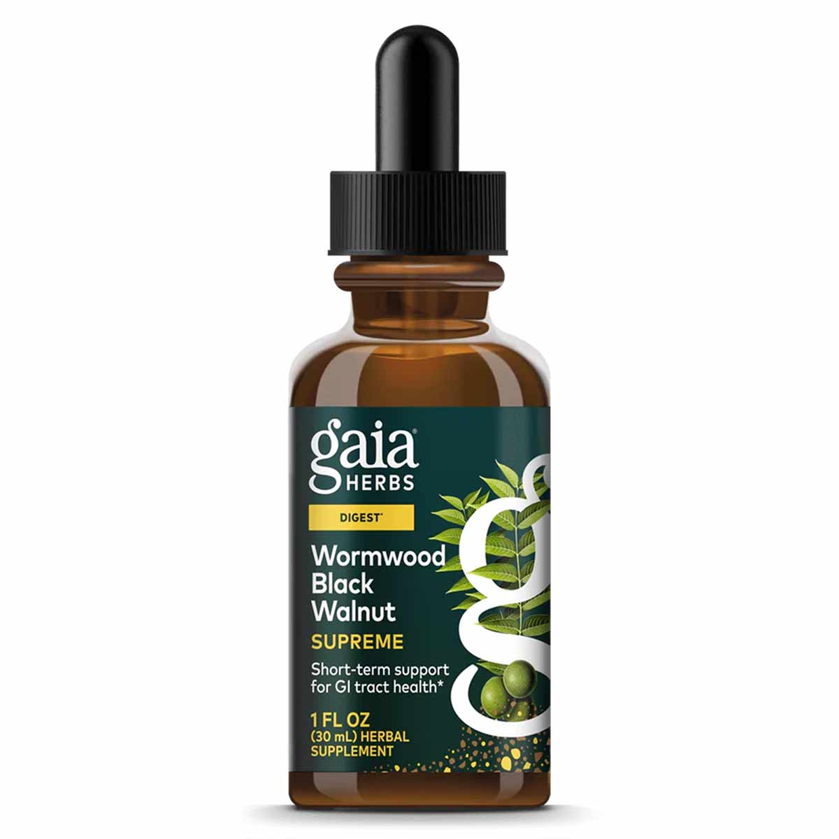Gaia Herbs Wormwood Black Walnut Supreme herbal supplement liquid in amber glass bottle with dropper cap, 1 fl oz.