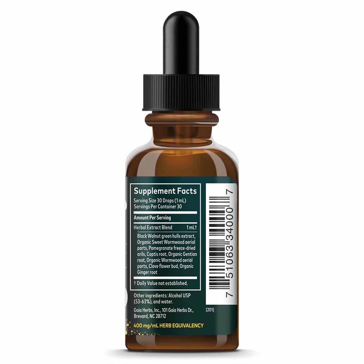 Amber glass dropper bottle with black cap containing Wormwood Black Walnut Supreme herbal extract by Gaia Herbs.