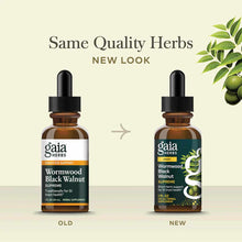 Two brown glass dropper bottles of Gaia Herbs Wormwood Black Walnut Supreme with black caps, showing old and new label design