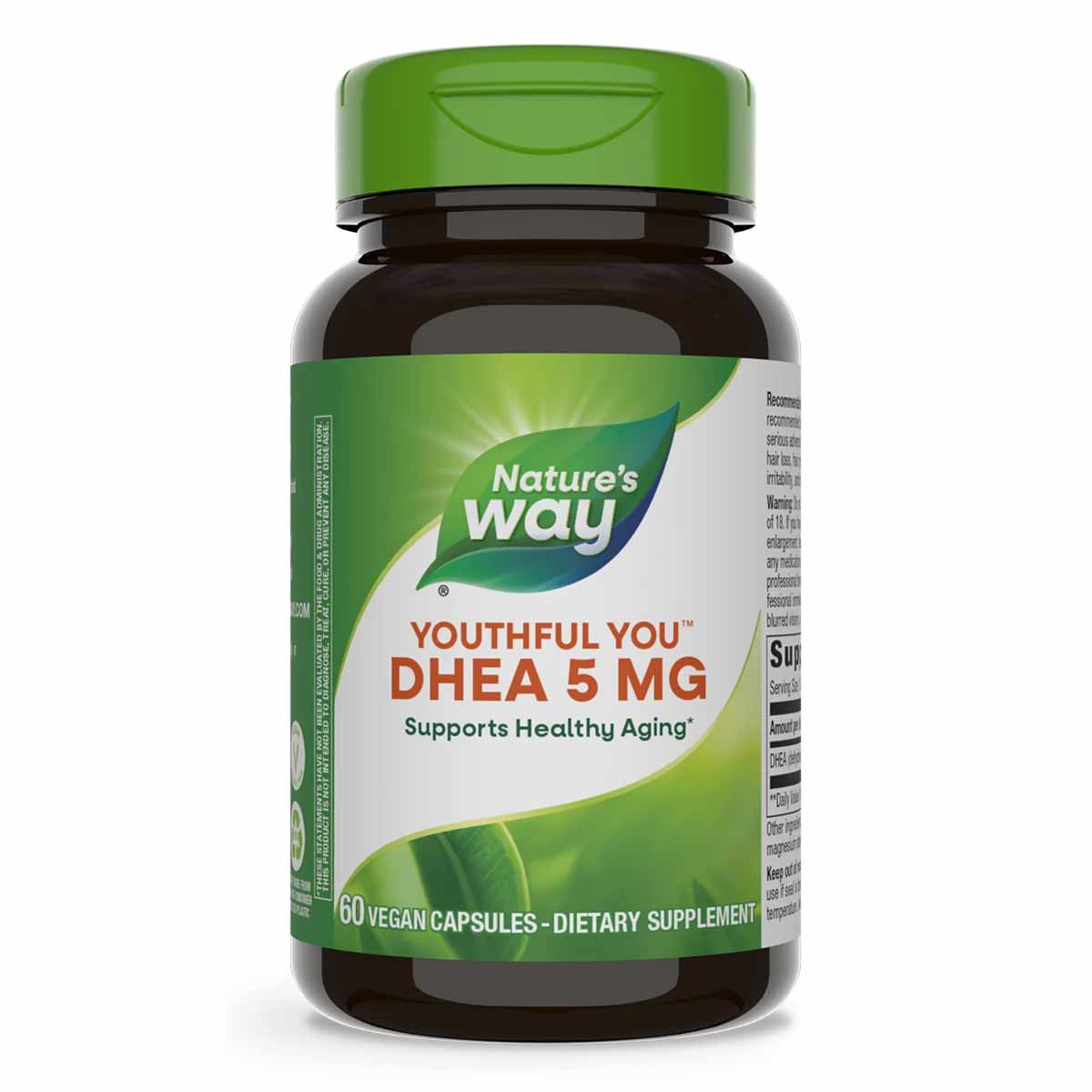 Brown glass bottle with green cap containing 60 vegan capsules of Nature's Way Youthful You DHEA 5 mg dietary supplement.