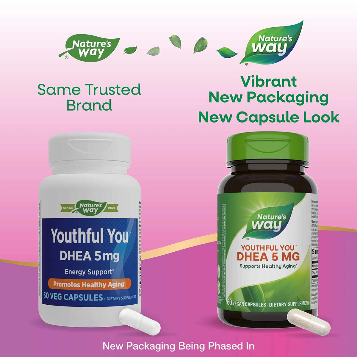 Nature's Way Youthful You DHEA 5mg supplement bottles showing old white packaging on left and new green packaging on right wi