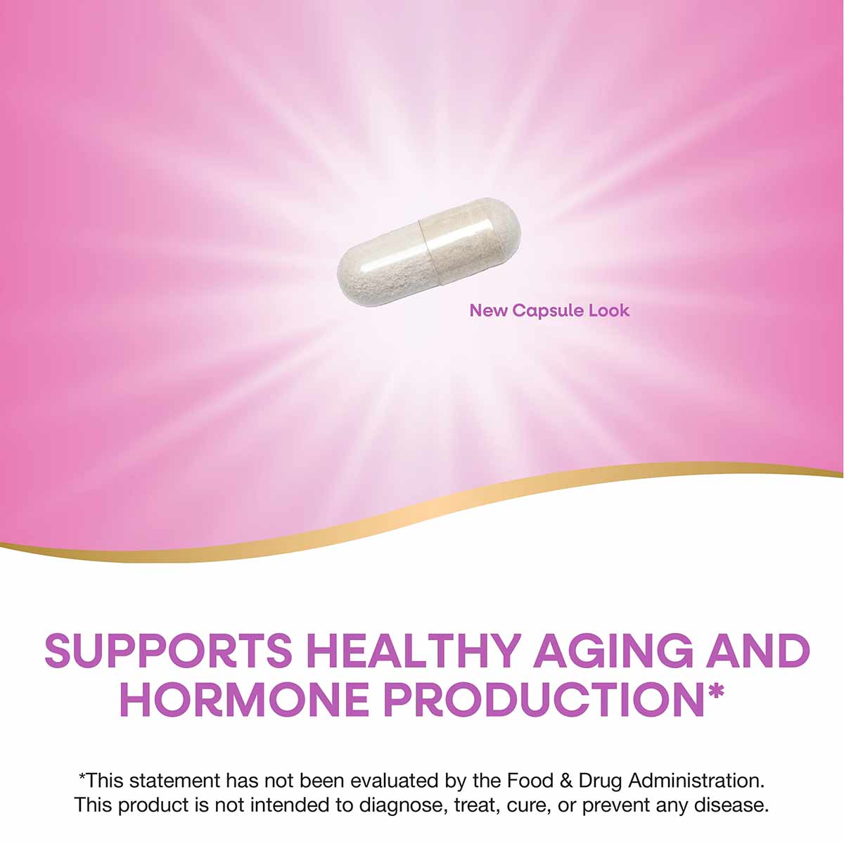 White elongated capsule on pink background with radial light effect and gold wave design element.