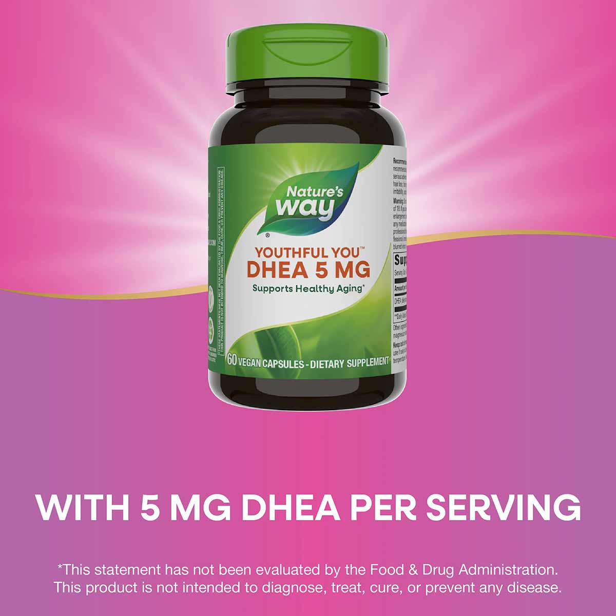 Dark glass bottle with green cap labeled "Nature's Way Youthful You DHEA 5 MG" containing 60 vegan capsules on pink backgroun