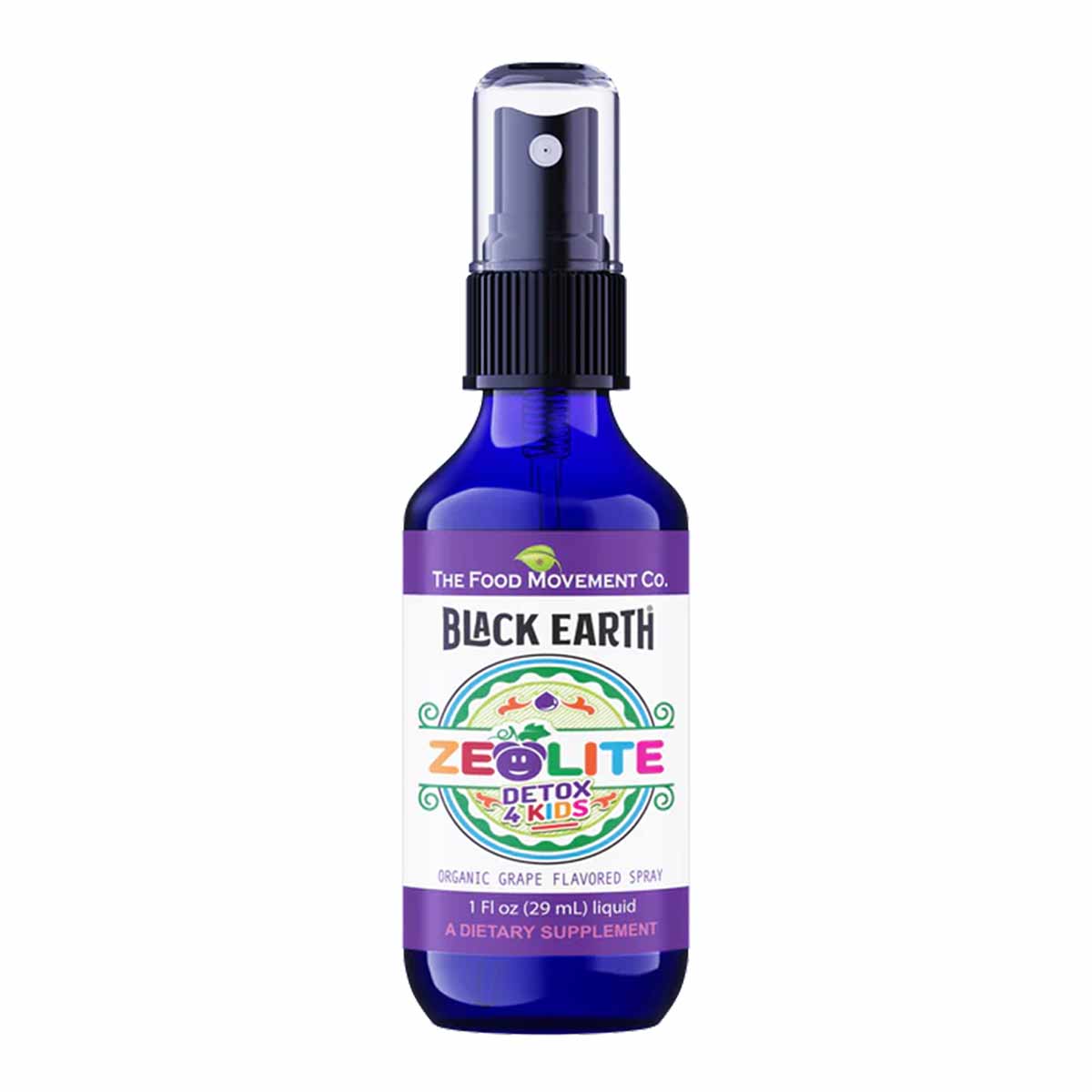 Blue spray bottle of Black Earth Zeolite Detox 4 Kids by The Food Movement, 1 fl oz, with purple and white label.
