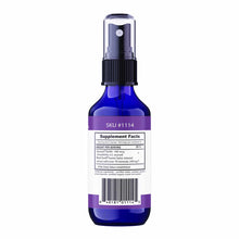 Blue glass spray bottle with black pump top, purple label band, and white supplement facts label displaying zeolite detox pro
