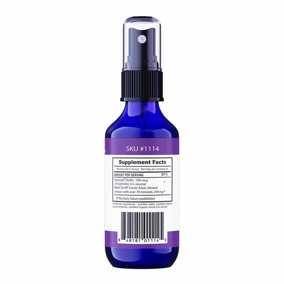 Blue glass spray bottle with black pump top, purple label band, and white supplement facts label displaying zeolite detox pro