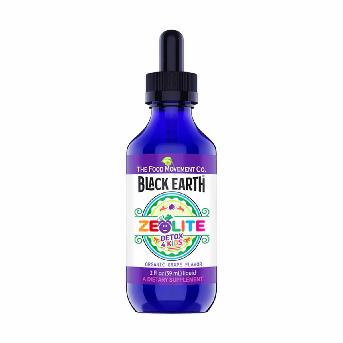 Blue glass dropper bottle of Black Earth Zeolite Detox 4 Kids liquid supplement by The Food Movement, 2 fl oz.