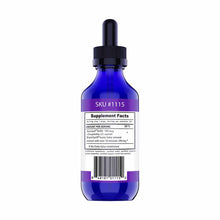 Blue glass dropper bottle with black cap and purple label containing zeolite supplement liquid with Supplement Facts panel vi