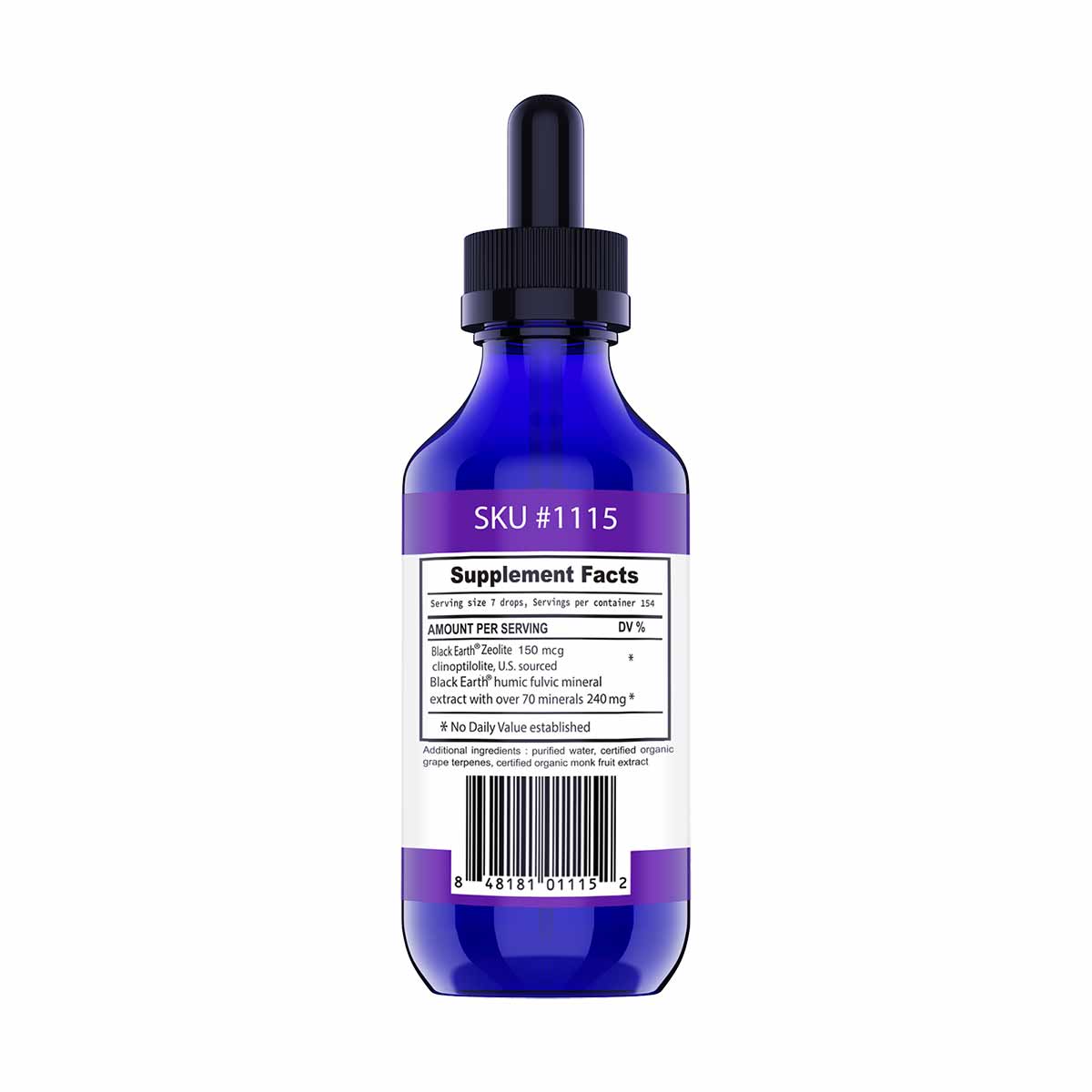 Blue glass dropper bottle with black cap and purple label containing zeolite supplement liquid with Supplement Facts panel vi
