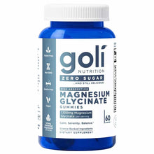 Blue bottle of Goli Nutrition Zero Sugar Magnesium Glycinate Gummies with white cap and product labeling visible.