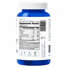 Blue bottle with white cap containing magnesium glycinate gummies, displaying supplement facts label and ingredient informati
