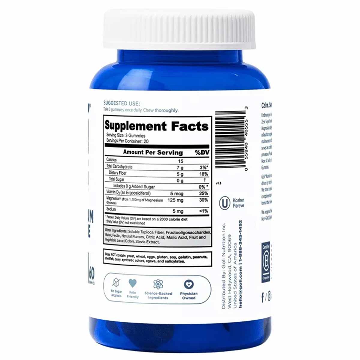 Blue bottle with white cap containing magnesium glycinate gummies, displaying supplement facts label and ingredient informati