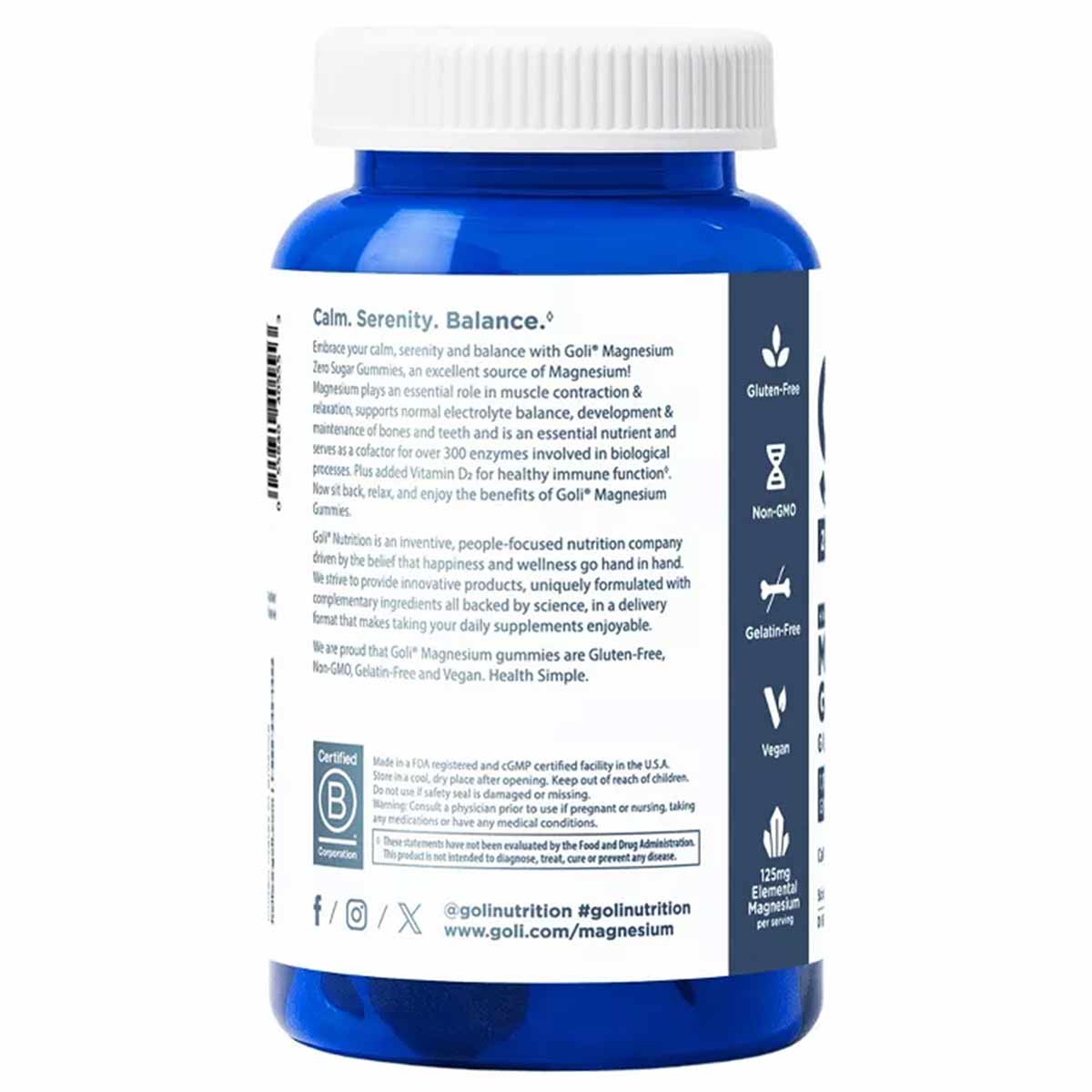 Blue bottle of Goli Nutrition magnesium glycinate gummies with white cap and label describing product benefits and certificat