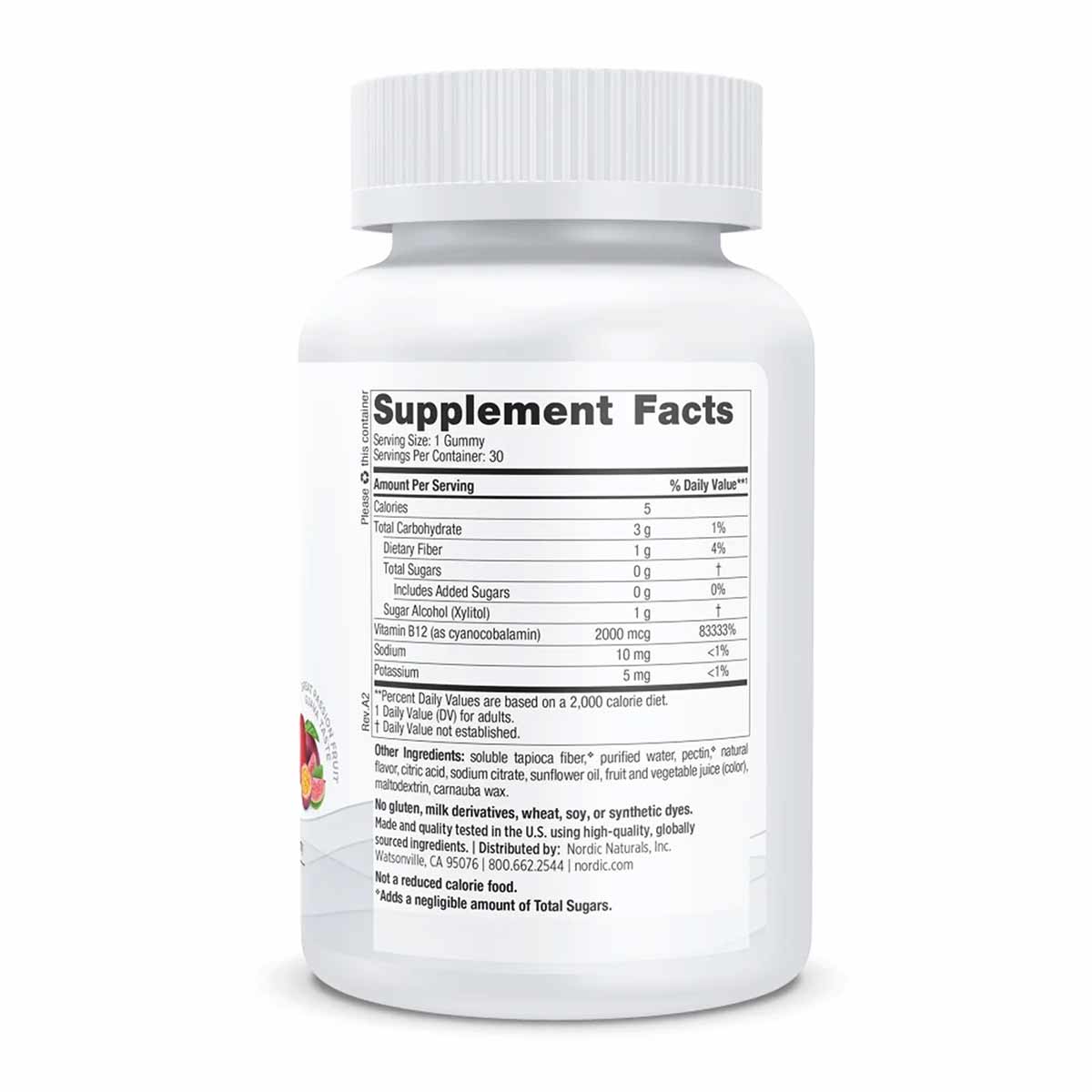 White plastic supplement bottle with white ribbed cap, showing Supplement Facts label with colorful gummy illustration on low