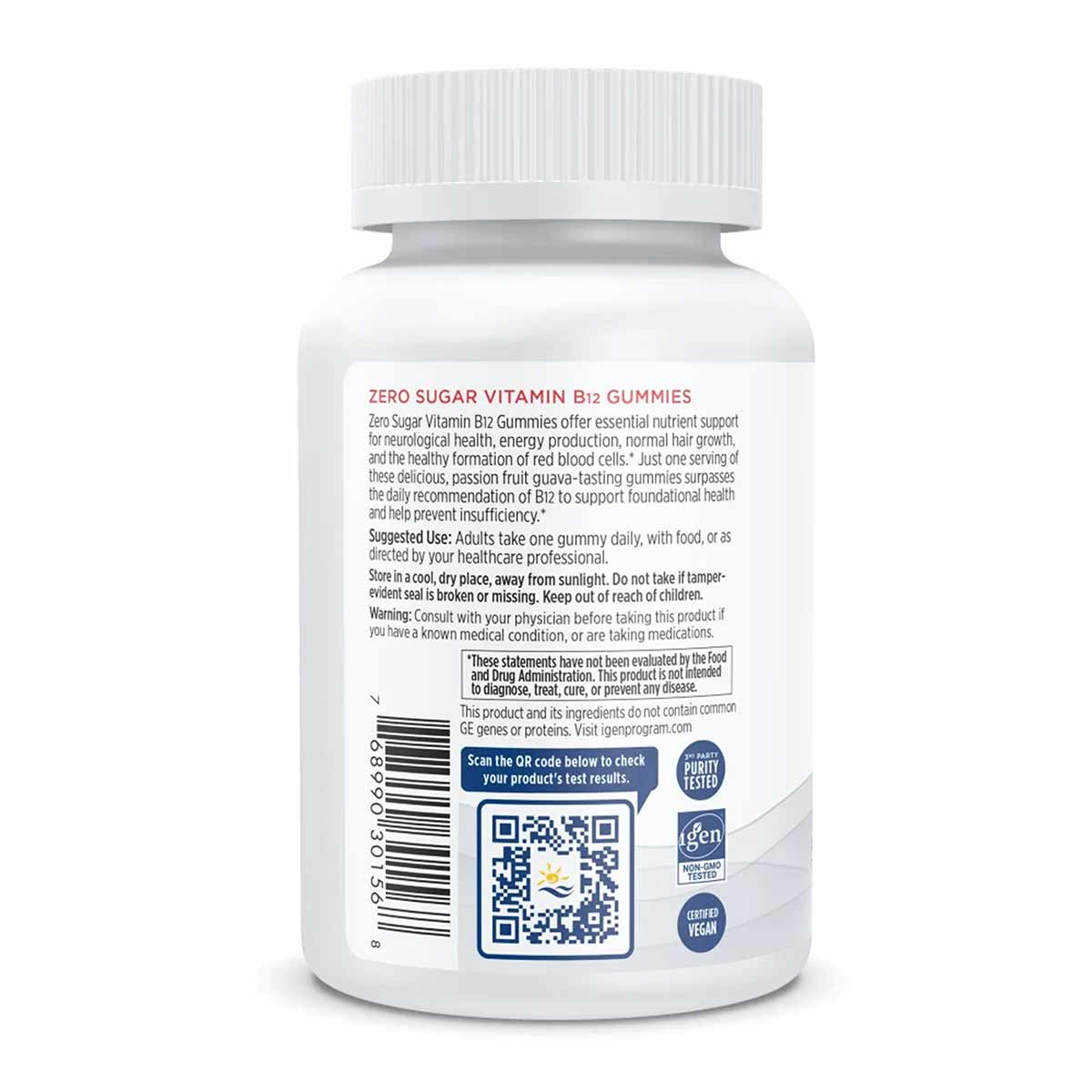 White bottle of Nordic Naturals Zero Sugar Vitamin B12 Gummies with white ridged cap and product information label.