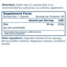 A Supplement Facts panel lists 30 mg of zinc as zinc picolinate per capsule, with 60 servings per container.