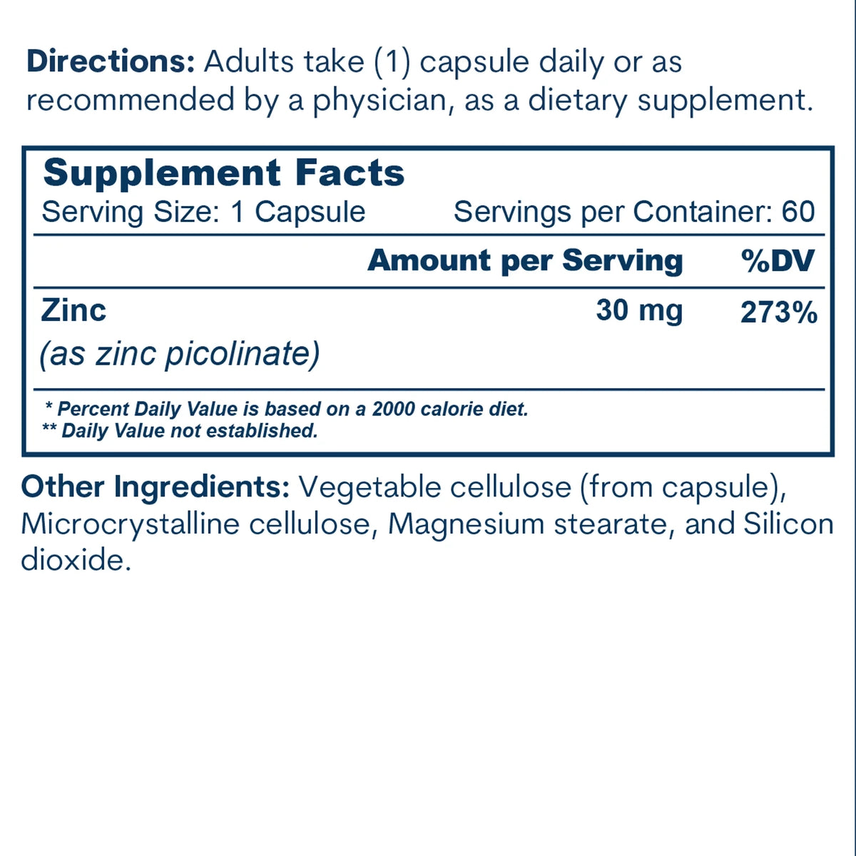 A Supplement Facts panel lists 30 mg of zinc as zinc picolinate per capsule, with 60 servings per container.