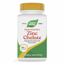 White bottle with gold cap containing Nature's Way High Potency Zinc Chelate 30 mg, 100 capsules.